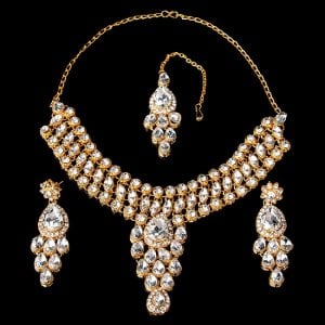 インドアクセサリー3点セット〔ネックレス、ピアス、ティッカ〕　パーティーや結婚式などへ(ID-NECKSET-532)