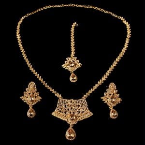 インドアクセサリー3点セット〔ネックレス、ピアス、ティッカ〕　パーティーや結婚式などへ(ID-NECKSET-535)