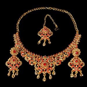 インドアクセサリー3点セット〔ネックレス、ピアス、ティッカ〕　パーティーや結婚式などへ(ID-NECKSET-541)