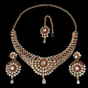 インドアクセサリー3点セット〔ネックレス、ピアス、ティッカ〕　パーティーや結婚式などへ(ID-NECKSET-543)