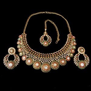 インドアクセサリー3点セット〔ネックレス、ピアス、ティッカ〕　パーティーや結婚式などへ(ID-NECKSET-547)