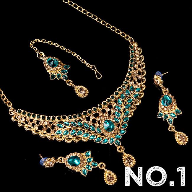 インドアクセサリー3点セット〔ネックレス、ピアス、ティッカ〕 パーティーや結婚式などへ 11 - No.1 グリーン系