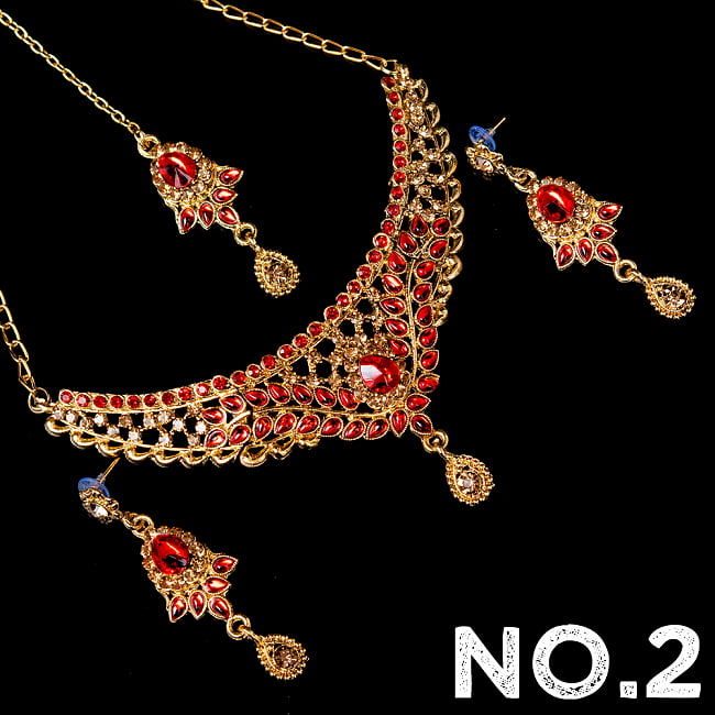 インドアクセサリー3点セット〔ネックレス、ピアス、ティッカ〕 パーティーや結婚式などへ 12 - No.2 レッド系