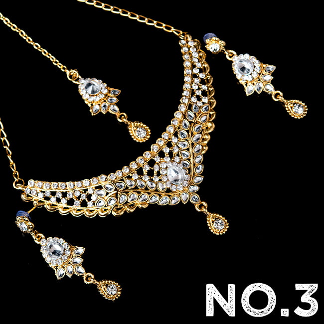 インドアクセサリー3点セット〔ネックレス、ピアス、ティッカ〕 パーティーや結婚式などへ 13 - No.3 ホワイト系