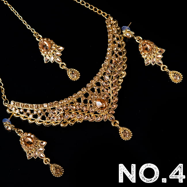 インドアクセサリー3点セット〔ネックレス、ピアス、ティッカ〕 パーティーや結婚式などへ 14 - No.4 ブラウン系