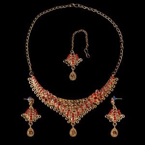 インドアクセサリー3点セット〔ネックレス、ピアス、ティッカ〕　パーティーや結婚式などへ(ID-NECKSET-577)