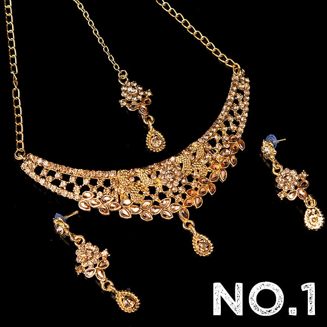 インドアクセサリー3点セット〔ネックレス、ピアス、ティッカ〕 パーティーや結婚式などへ 11 - No.1 ブラウン系