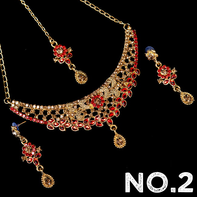 インドアクセサリー3点セット〔ネックレス、ピアス、ティッカ〕 パーティーや結婚式などへ 12 - No.2 レッド系