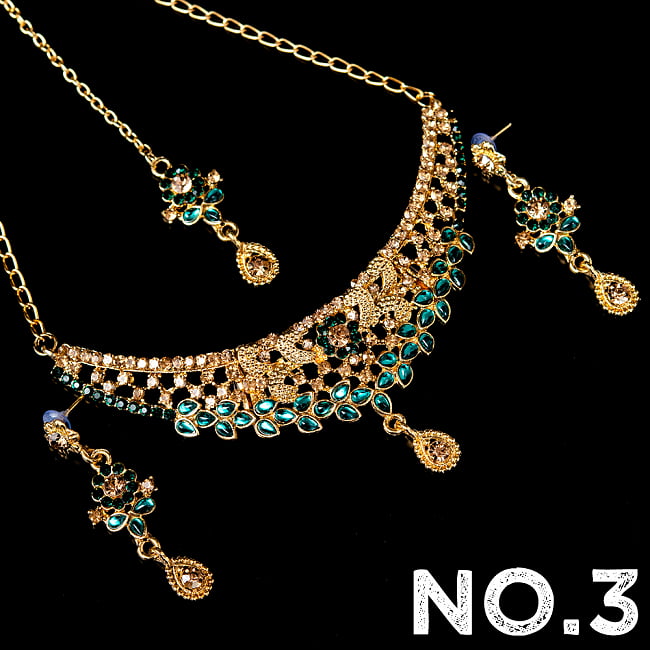 インドアクセサリー3点セット〔ネックレス、ピアス、ティッカ〕 パーティーや結婚式などへ 13 - No.3 グリーン系