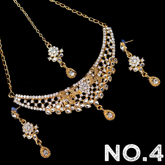 インドアクセサリー3点セット〔ネックレス、ピアス、ティッカ〕 パーティーや結婚式などへ 14 - No.4 ホワイト系