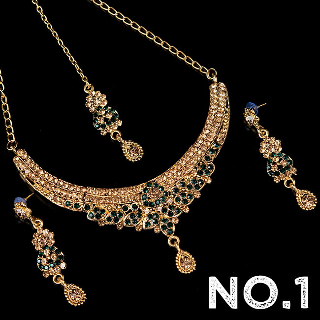 インドアクセサリー3点セット〔ネックレス、ピアス、ティッカ〕 パーティーや結婚式などへ 11 - No.1 グリーン系