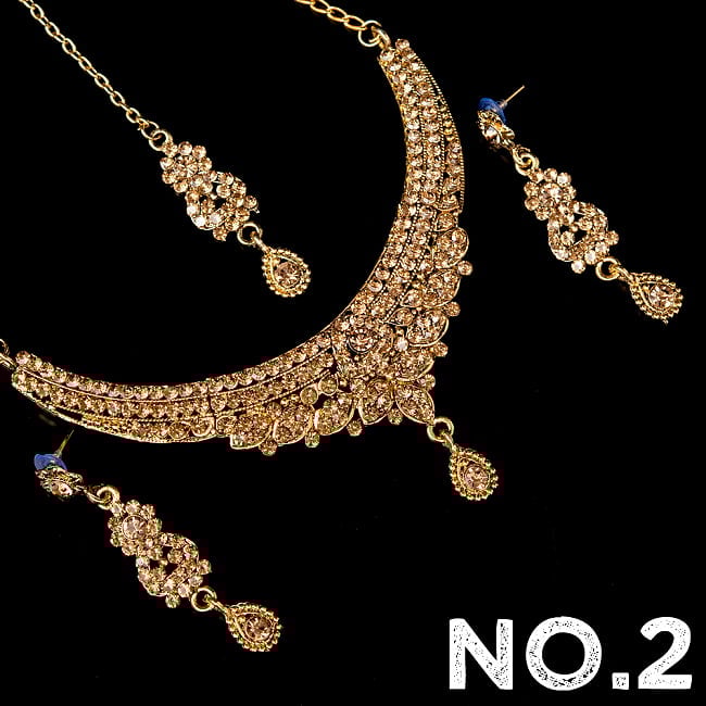 インドアクセサリー3点セット〔ネックレス、ピアス、ティッカ〕 パーティーや結婚式などへ 12 - No.2 ブラウン系