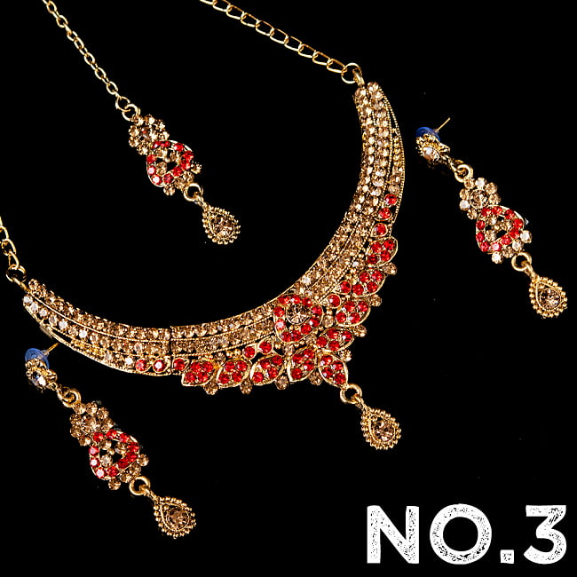 インドアクセサリー3点セット〔ネックレス、ピアス、ティッカ〕 パーティーや結婚式などへ 13 - No.3 レッド系
