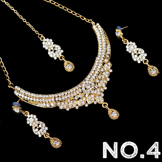 インドアクセサリー3点セット〔ネックレス、ピアス、ティッカ〕 パーティーや結婚式などへ 14 - No.4 ホワイト系