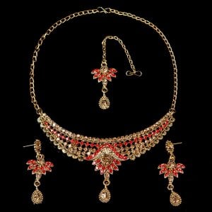 インドアクセサリー3点セット〔ネックレス、ピアス、ティッカ〕　パーティーや結婚式などへ(ID-NECKSET-581)