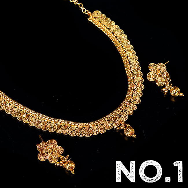 ゴールド・ドクラデザイン ネックレス&ピアスセット インド伝統アクセサリー 9 - デザイン No.1