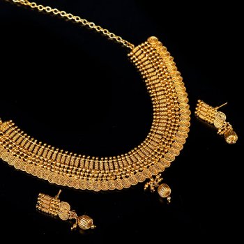 ゴールド・ドクラデザイン　ネックレス＆ピアスセット　インド伝統アクセサリー(ID-NECKSET-586)