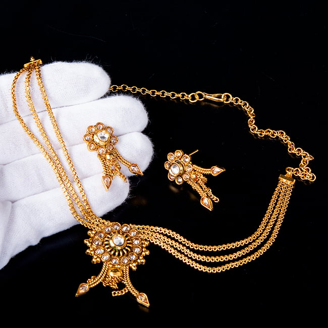 ゴールド・ドクラデザイン　ネックレス＆ピアスセット　インド伝統アクセサリー 6 - このようなサイズ感になります