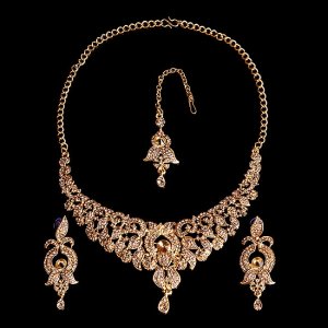 インドアクセサリー3点セット〔ネックレス、ピアス、ティッカ〕　パーティーや結婚式などへ(ID-NECKSET-592)