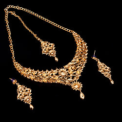 〔各色あり〕インドアクセサリー3点セット〔ネックレス、ピアス、ティッカ〕　パーティーや結婚式などへ - サブ5