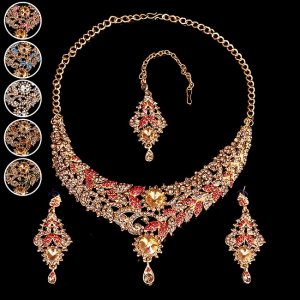 〔各色あり〕インドアクセサリー3点セット〔ネックレス、ピアス、ティッカ〕　パーティーや結婚式などへ(ID-NECKSET-593)