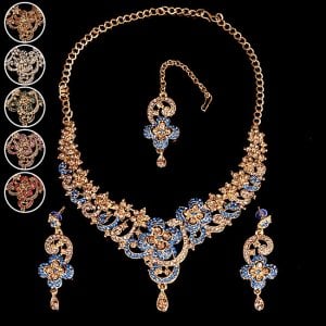 〔各色あり〕インドアクセサリー3点セット〔ネックレス、ピアス、ティッカ〕　パーティーや結婚式などへ(ID-NECKSET-594)