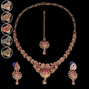 〔各色あり〕インドアクセサリー3点セット〔ネックレス、ピアス、ティッカ〕　パーティーや結婚式などへ(ID-NECKSET-595)