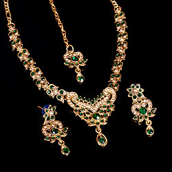 〔各色あり〕インドアクセサリー3点セット〔ネックレス、ピアス、ティッカ〕　パーティーや結婚式などへ - サブ2