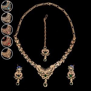 〔各色あり〕インドアクセサリー3点セット〔ネックレス、ピアス、ティッカ〕　パーティーや結婚式などへ(ID-NECKSET-596)