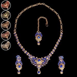 〔各色あり〕インドアクセサリー3点セット〔ネックレス、ピアス、ティッカ〕　パーティーや結婚式などへ(ID-NECKSET-597)