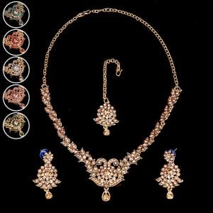 〔各色あり〕インドアクセサリー3点セット〔ネックレス、ピアス、ティッカ〕　パーティーや結婚式などへ(ID-NECKSET-598)