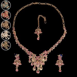 〔各色あり〕インドアクセサリー3点セット〔ネックレス、ピアス、ティッカ〕　パーティーや結婚式などへ(ID-NECKSET-599)