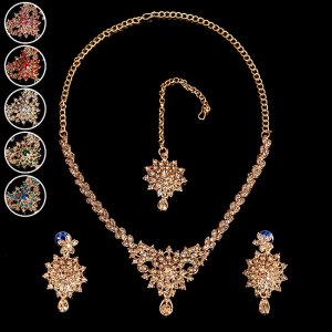 〔各色あり〕インドアクセサリー3点セット〔ネックレス、ピアス、ティッカ〕　パーティーや結婚式などへ(ID-NECKSET-600)