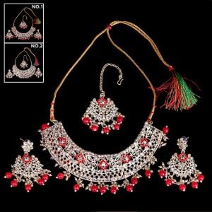 〔各色あり〕インドアクセサリー3点セット〔ネックレス、ピアス、ティッカ〕　パーティーや結婚式などへ(ID-NECKSET-601)