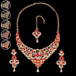 〔各色あり〕インドアクセサリー3点セット〔ネックレス、ピアス、ティッカ〕　パーティーや結婚式などへ