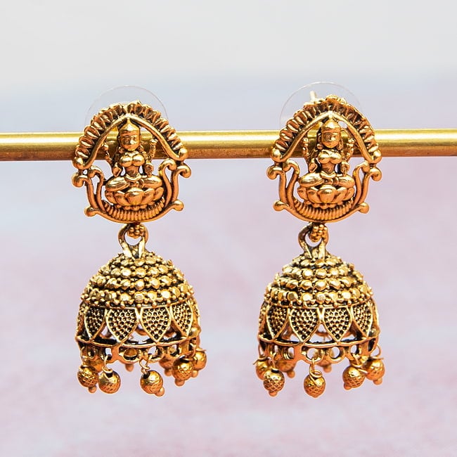 テンプルジュエリー ラクシュミーのショートネックレス ジュムキ アクセサリー2点セット〔ネックレス、ピアス〕 ゴールド 6 - ドーム型のピアス、ジュムカが付いてきます