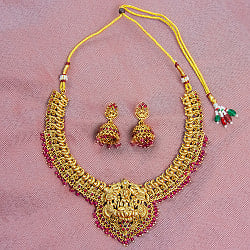 テンプルジュエリー ラクシュミーのショートネックレス ジュムキ アクセサリー2点セット〔ネックレス、ピアス〕 レッド - メイン