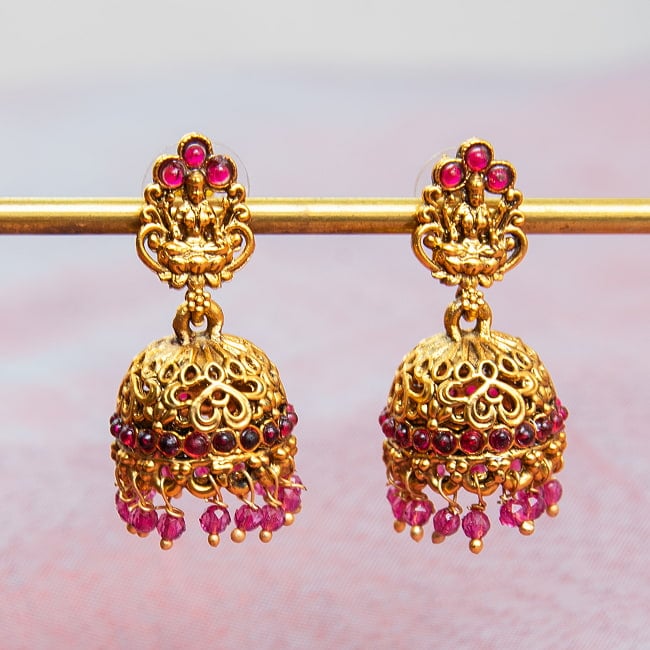テンプルジュエリー ラクシュミーのショートネックレス ジュムキ アクセサリー2点セット〔ネックレス、ピアス〕 レッド 6 - ドーム型のピアス、ジュムカが付いてきます