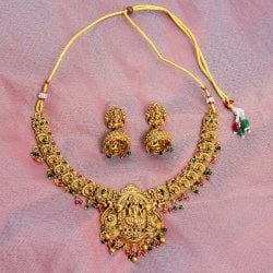 テンプルジュエリー ラクシュミーのショートネックレス ジュムキ アクセサリー2点セット〔ネックレス、ピアス〕 マルチカラーの画像