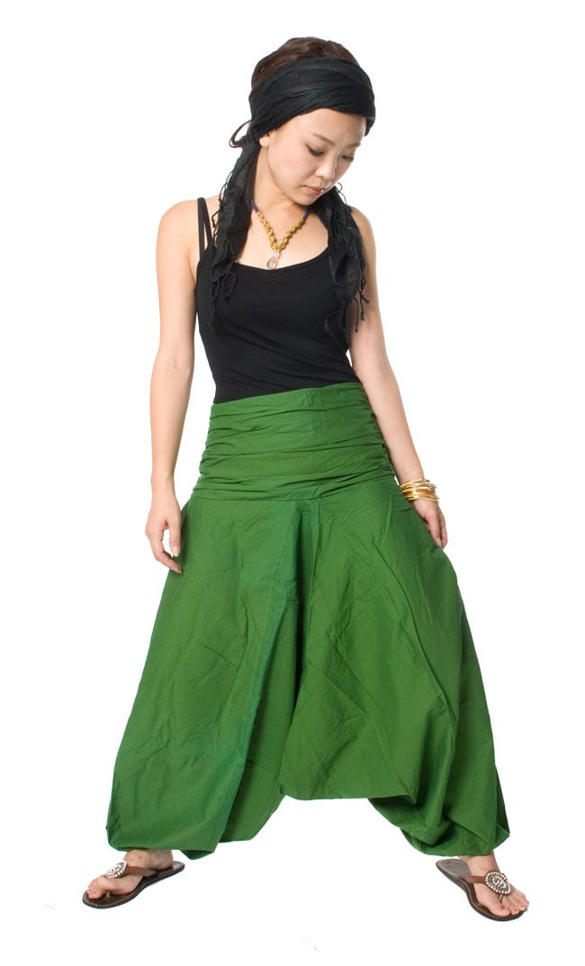 タイパンツ風らくちんコットンアラジンパンツ -ゴム-【グリーン】 の