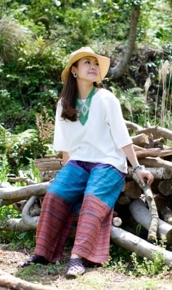 マルチボーダーのコットンワイドパンツ - サブ2