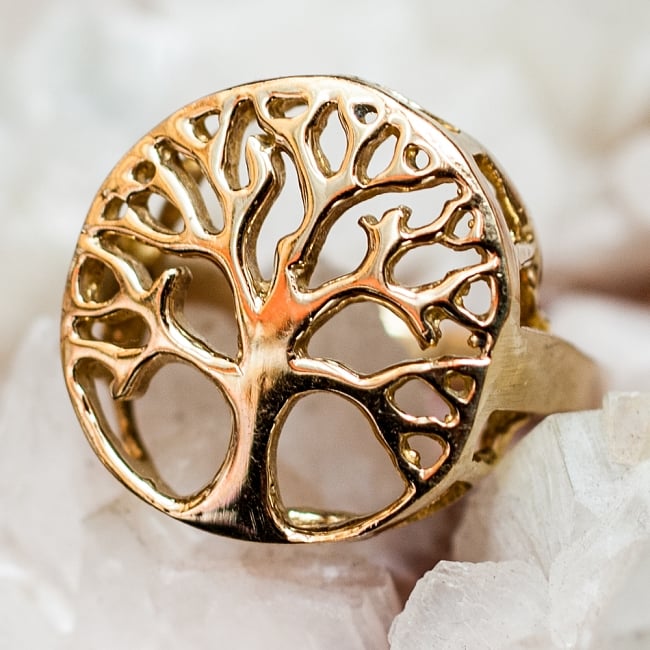 生命の樹と円環のゴールドリングの写真1枚目です。指輪の全体像ですリング,指輪,アクセサリー,金色,ゴールド,