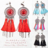 タッセルとチェーンのラウンドフォルムピアス(ID-PIAS-1254)