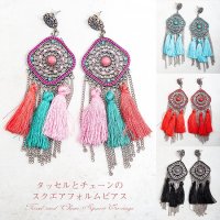 タッセルとチェーンのスクエアフォルムピアス(ID-PIAS-1255)