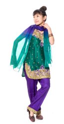パンジャビ・ドレス3点セット - グリーン×パープルの商品写真