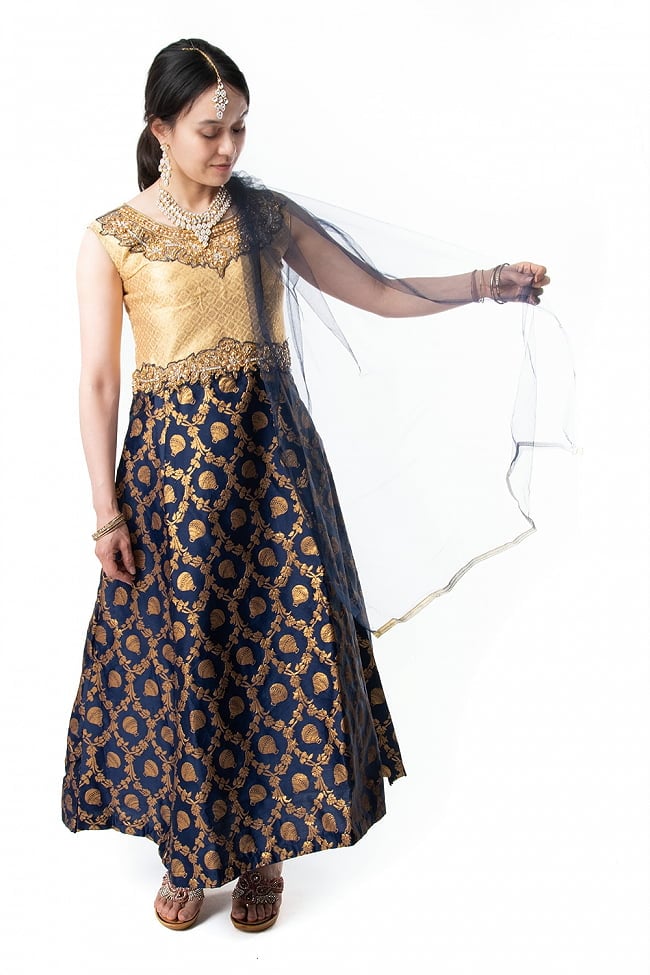 【※胸回りタイトです・返品不可】インドのゴージャスパンジャビ・ドレスセット 7 - 広げてみました。ショールの透け感が美しいです。