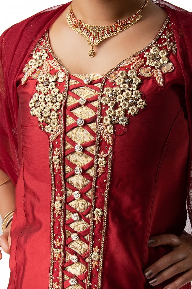 【※胸肩回りタイトです】インドのゴージャスパンジャビ・ドレスセット 11 - 刺繍部分をアップにしてみました。丁寧に作られています。
