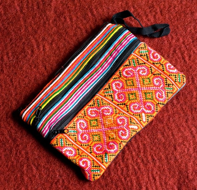 モン族刺繍の三連ジッパーサブバッグ -たて約15cm x 約よこ25cm 12 - 選択D