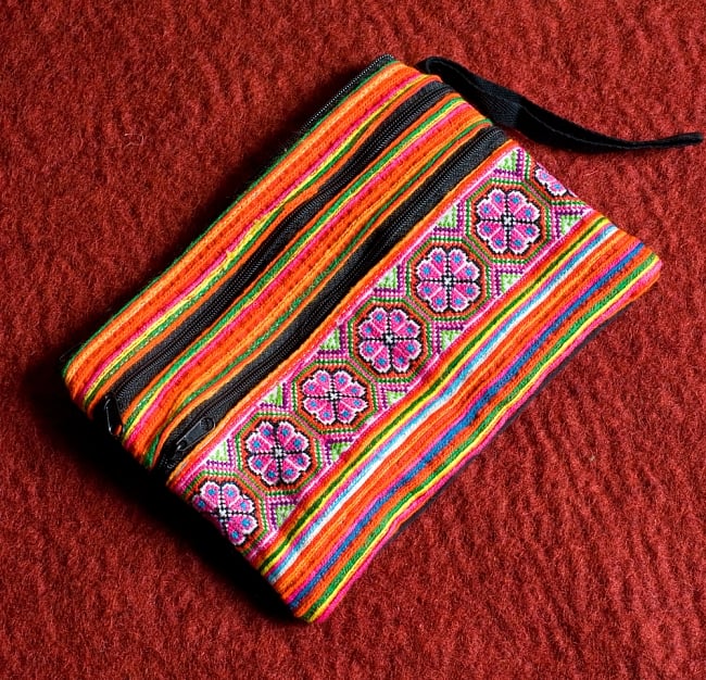 モン族刺繍の三連ジッパーサブバッグ -たて約15cm x 約よこ25cm 13 - 選択E