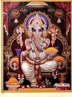 〔約40.5cm×約30.5cm〕輝くラメ入り・インドのヒンドゥー神様ポスター - ガネーシャ 学問と商売の神様の商品写真